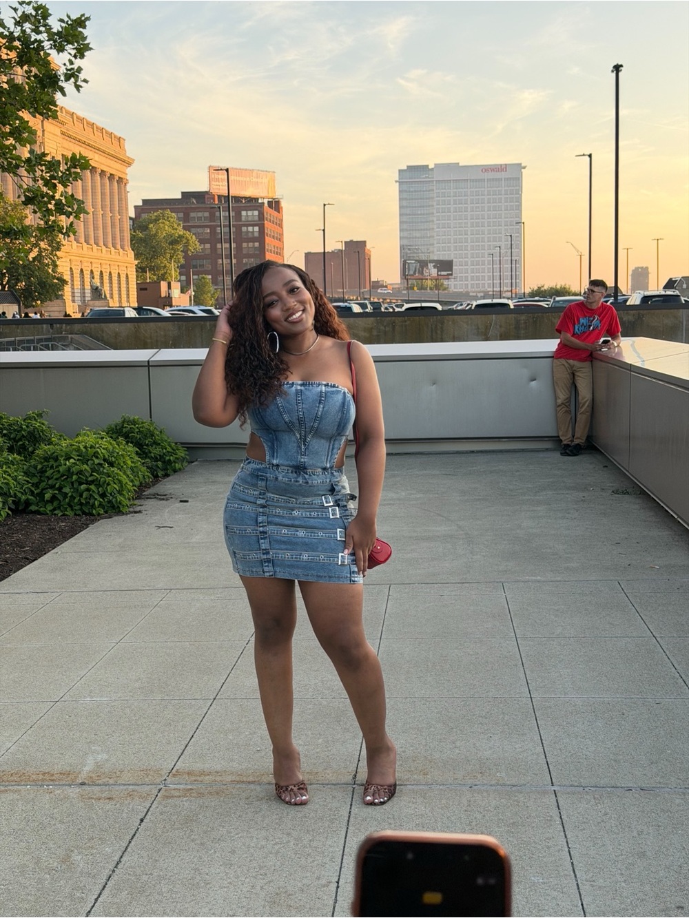 Strapless Denim Mini Dress with Side Cutouts - Blue